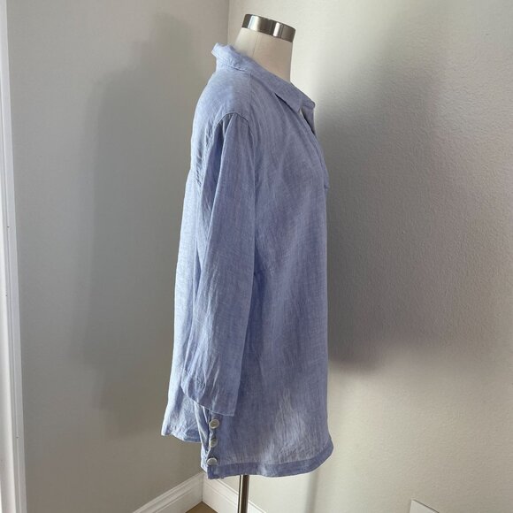 Tahari Womens Plus 2X 100% Linen Relaxed Blue Popover Tunic Top Shirt - Picture 2 of 9